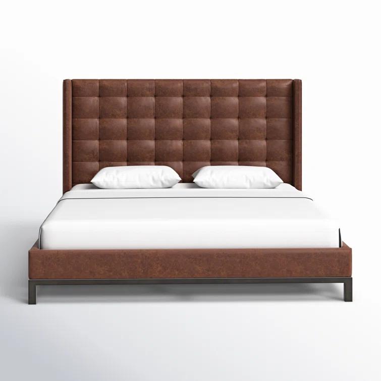 Elegance King-Size Gunmetal Iron Frame Bed with Vintage Tobacco Faux Leather