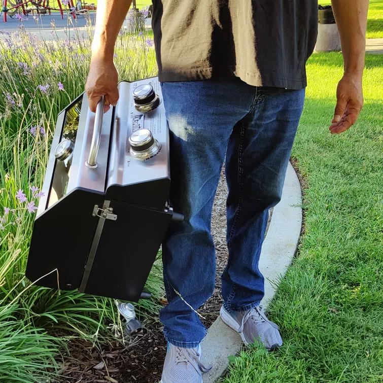 Monument Grills 13742,2-Burner Portable Stainless Steel Tabletop Propane Gas Grill with High Lid and Travel Locks, 15,000 BTU – Perfect for Family BBQs