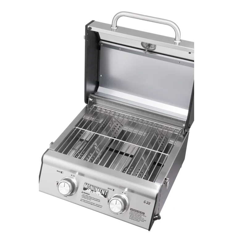 Monument Grills 13742,2-Burner Portable Stainless Steel Tabletop Propane Gas Grill with High Lid and Travel Locks, 15,000 BTU – Perfect for Family BBQs