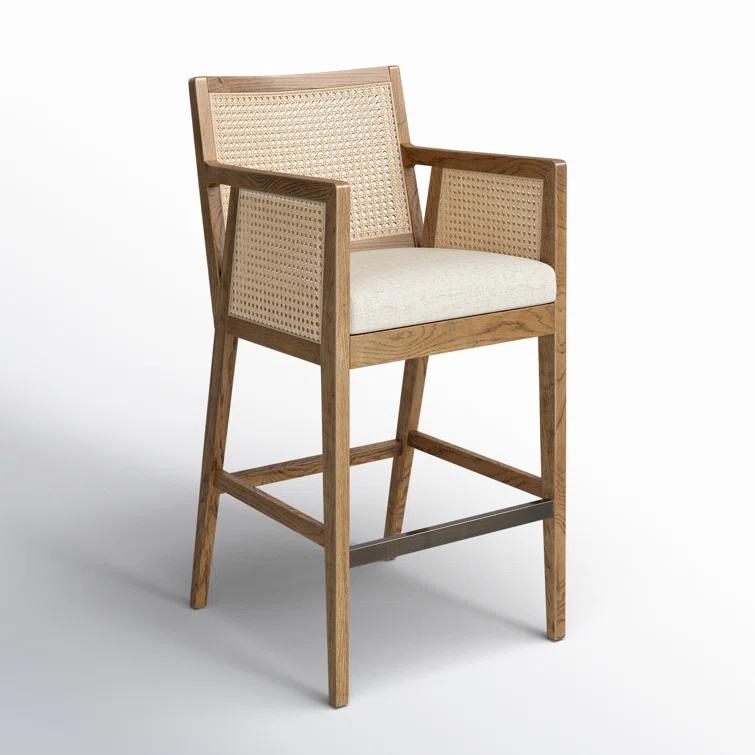 Toasted Parawood & Brass Swivel Bar Stool with Linen-Blend Seat