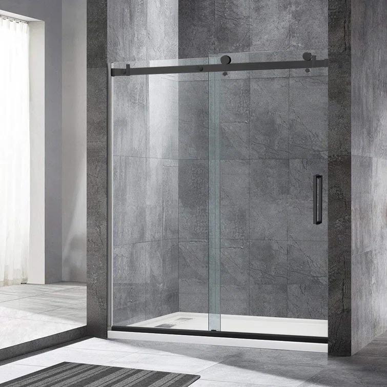 WoodBridge Semi-Frameless Single Sliding Shower Doors, 56-60" W X 76" H With 5/16" Clear Tempered Glass And Explosion-Proof Film MSDF6076-MBL
