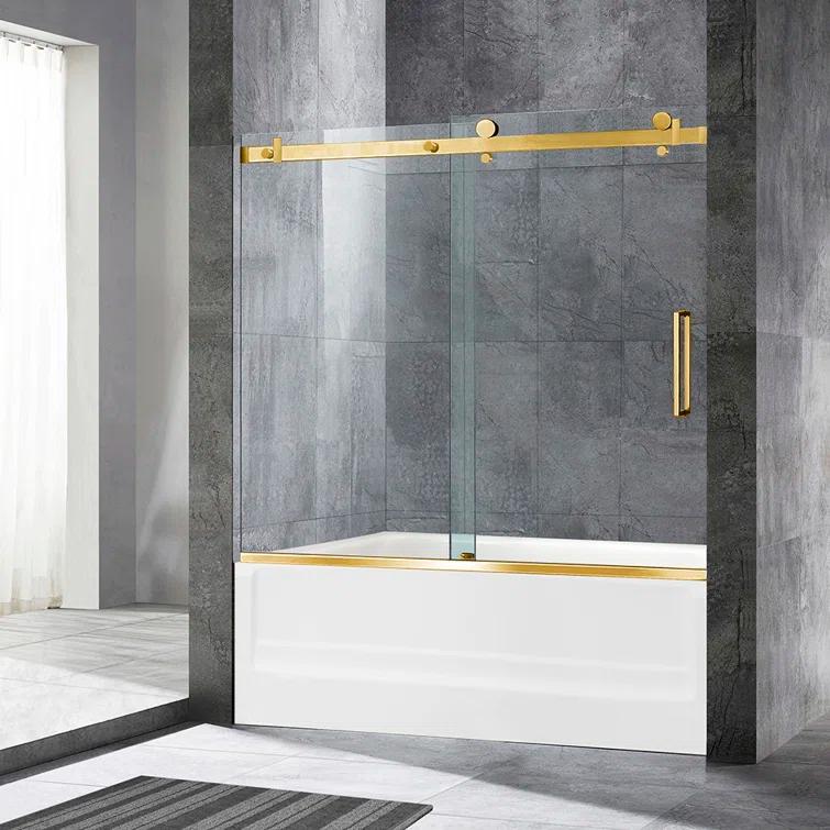 WoodBridge Frameless Single Sliding Shower Doors, 56-60" W X 62" H With 5/16" Clear Tempered Glass And Explosion-Proof Film MSDF6062-BG