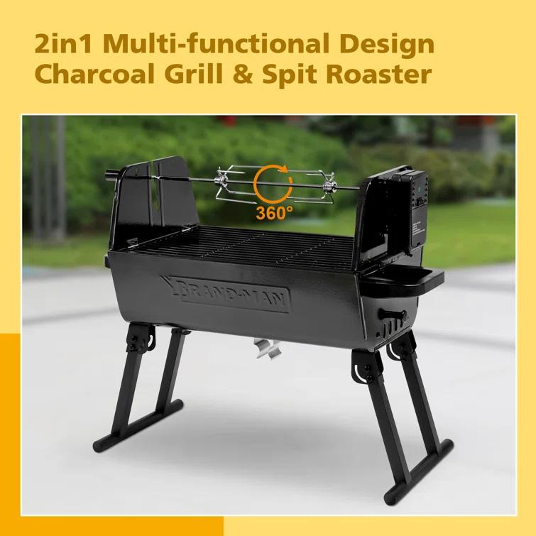 Brand-Man 2 in 1 Charcoal Grill with Rotisserie Grill Kit, Portable ‎Enameled Steel Barbecue Grill, Stainless Steel Spit Roaster with Motor & Adjustable Height for Backyard Camping Patio Tailgating
