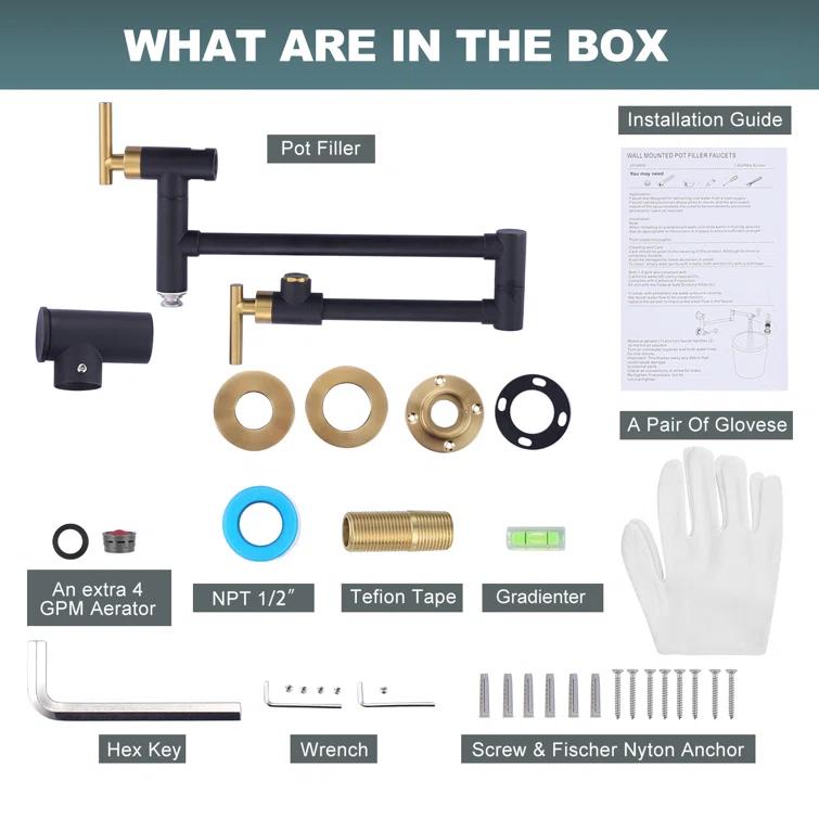 ARCORA ARCORA Single Hole Two Attachment Brass Wall Mounted Pot Filler Kitchen Faucet with Double-Handle AR7108800GB