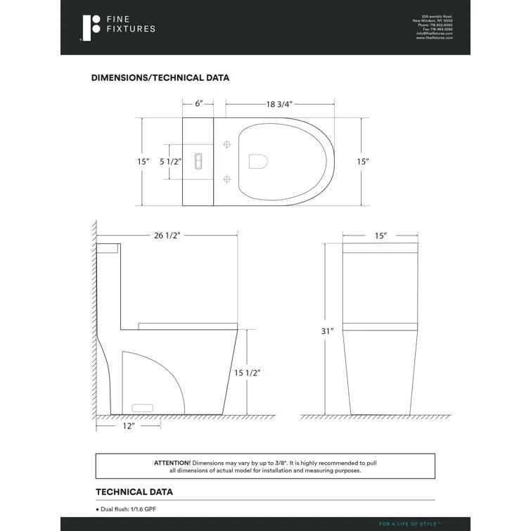 Fine Fixtures MOTB7W Dual-Flush Elongated One-Piece Toilet with High Efficiency Flush