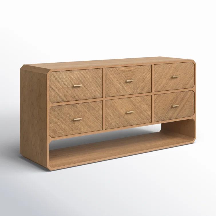Modern Natural Ash Veneer 6-Drawer Dresser with Satin Brass Hardware