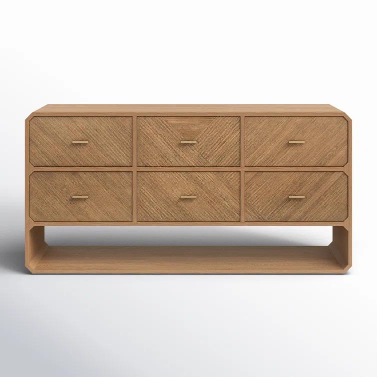 Modern Natural Ash Veneer 6-Drawer Dresser with Satin Brass Hardware