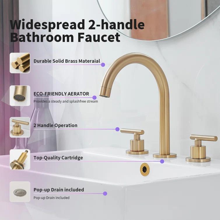 VIBRANTBATH 16441-BG Widespread Bathroom Faucet 3 Hole, 2-handle Bathroom Sink Faucet with Drain Assembly
