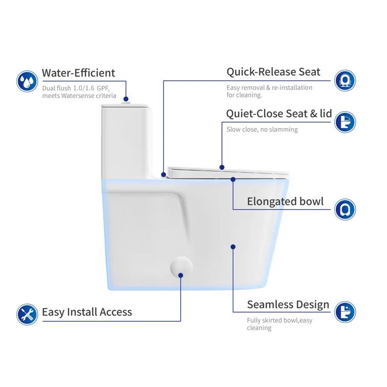 Modern Elongated Toilet, One Piece Toilet 1.0/1.6 GPF MaP 1000g Comfortable Chair Height Toilet