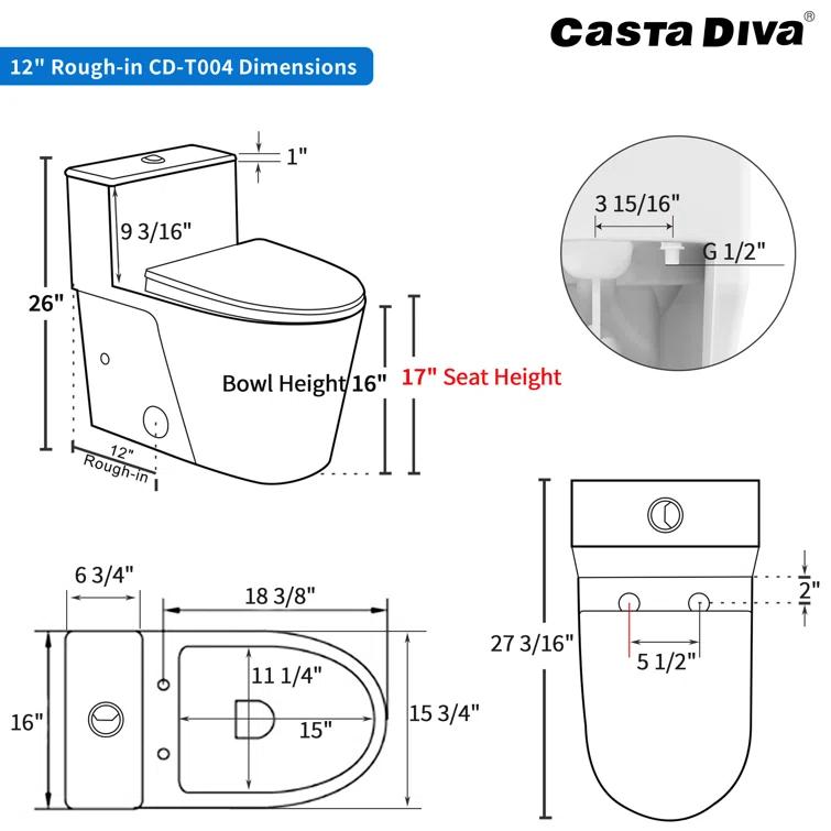 Modern Elongated Toilet, One Piece Toilet 1.0/1.6 GPF MaP 1000g Comfortable Chair Height Toilet