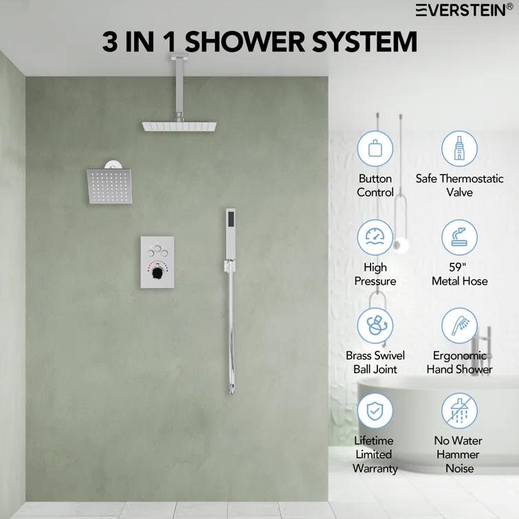 Thermostatic Shower Faucet 12" High-Pressure Dual Showerheads with Rough-In Valve