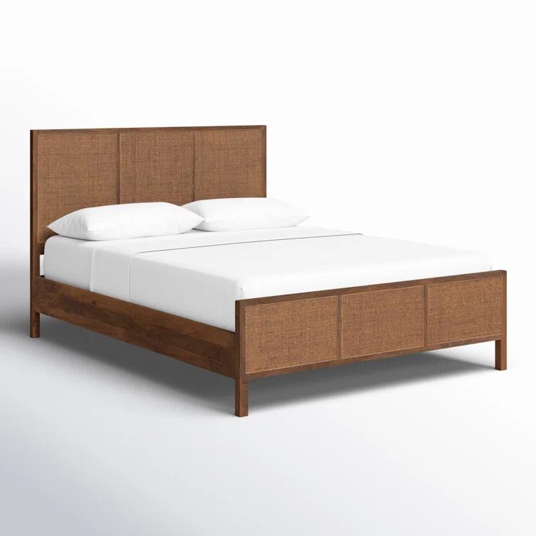 Brown Wash Queen Wood Panel Bed with Woven Cane Headboard