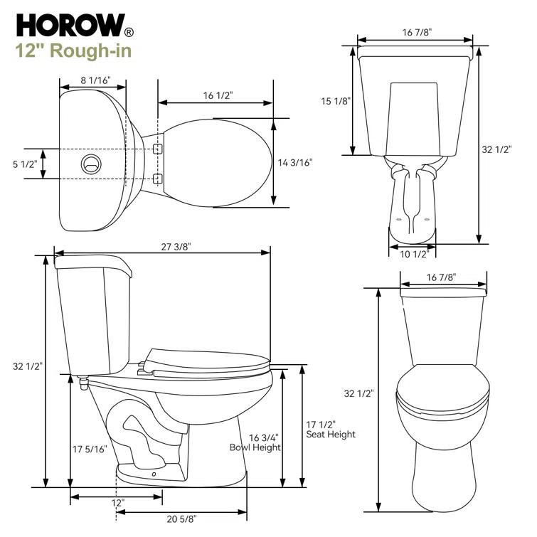 HOROW 1.28 Gallons GPF Round Chair Height Floor Mounted Two-Piece Toilet (Seat Included)