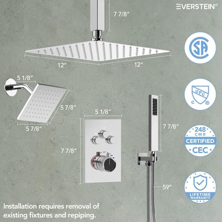 Thermostatic Shower Faucet 12" High-Pressure Dual Showerheads with Rough-In Valve
