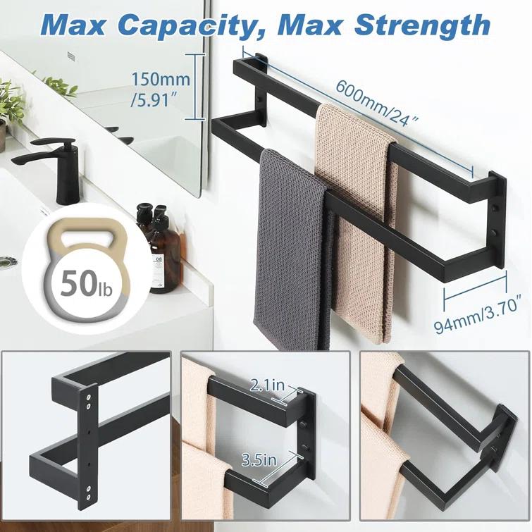Double Towel Bar 24", SUS304 Stainless Steel Towel Racks For Bathroom Wall Mounted, Heavy Duty Bathroom Towel Holder, Space Saving Towel Hanger