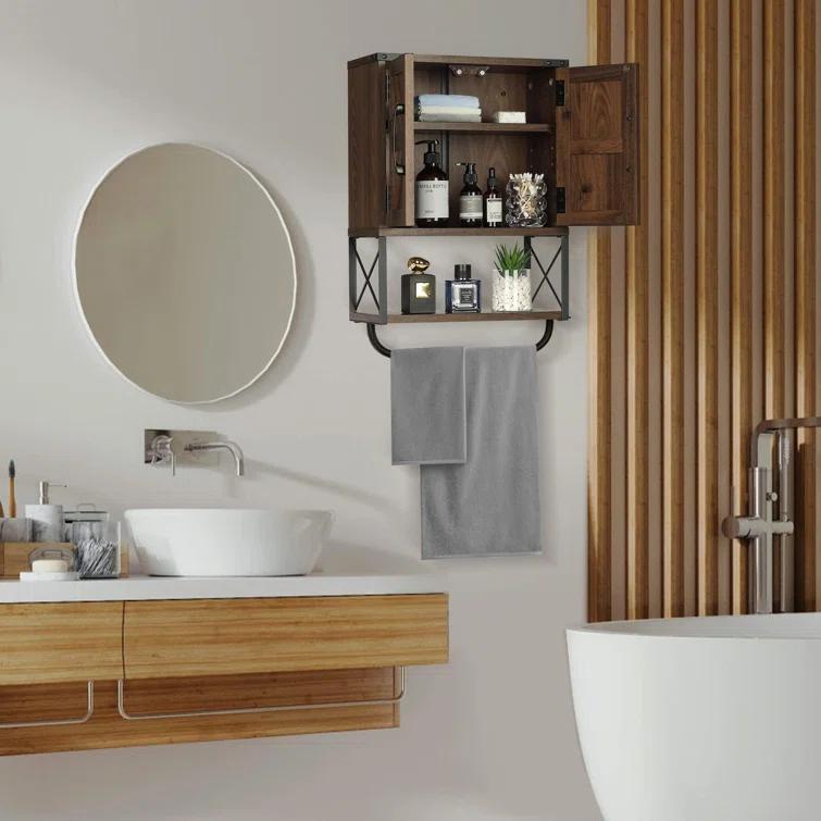 Farmhouse Rustic Medicine Cabinet With Two Barn Door,Wood Wall Mounted Storage Cabinet With Adjustable Shelf And Towel Bar, 3-Tier Cabinet For Bathroom, Living Room