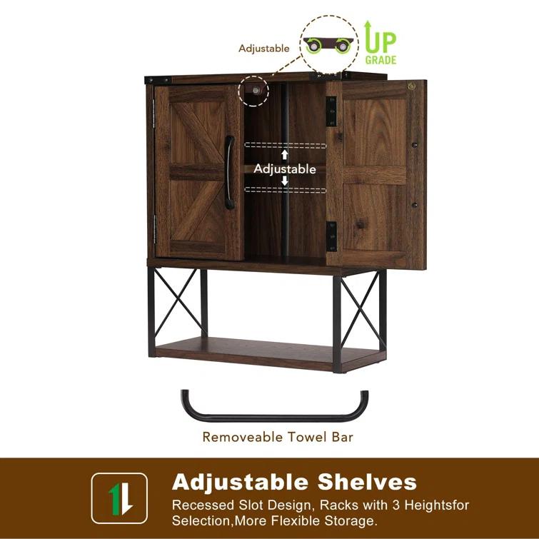 Farmhouse Rustic Medicine Cabinet With Two Barn Door,Wood Wall Mounted Storage Cabinet With Adjustable Shelf And Towel Bar, 3-Tier Cabinet For Bathroom, Living Room