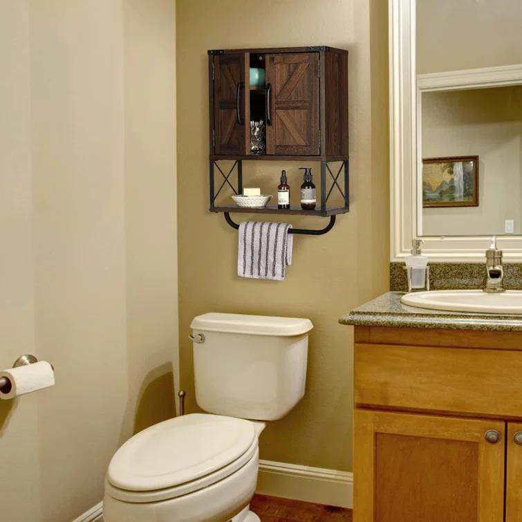 Farmhouse Rustic Medicine Cabinet With Two Barn Door,Wood Wall Mounted Storage Cabinet With Adjustable Shelf And Towel Bar, 3-Tier Cabinet For Bathroom, Living Room