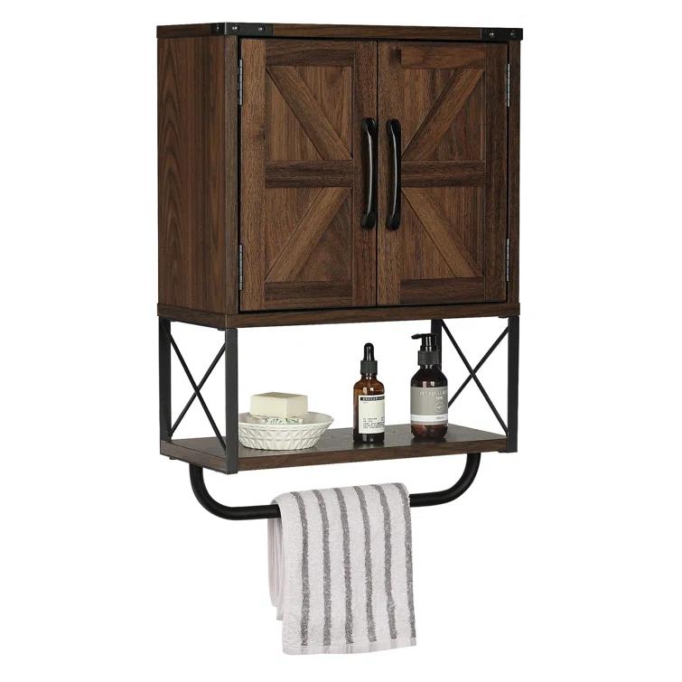 Farmhouse Rustic Medicine Cabinet With Two Barn Door,Wood Wall Mounted Storage Cabinet With Adjustable Shelf And Towel Bar, 3-Tier Cabinet For Bathroom, Living Room