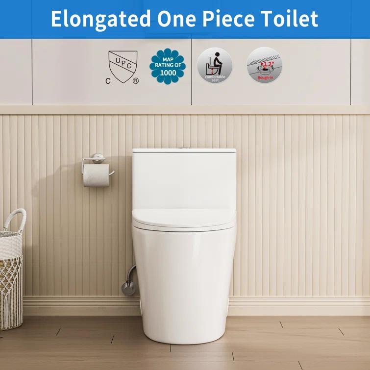 Modern Elongated Toilet, One Piece Toilet 1.0/1.6 GPF MaP 1000g Comfortable Chair Height Toilet