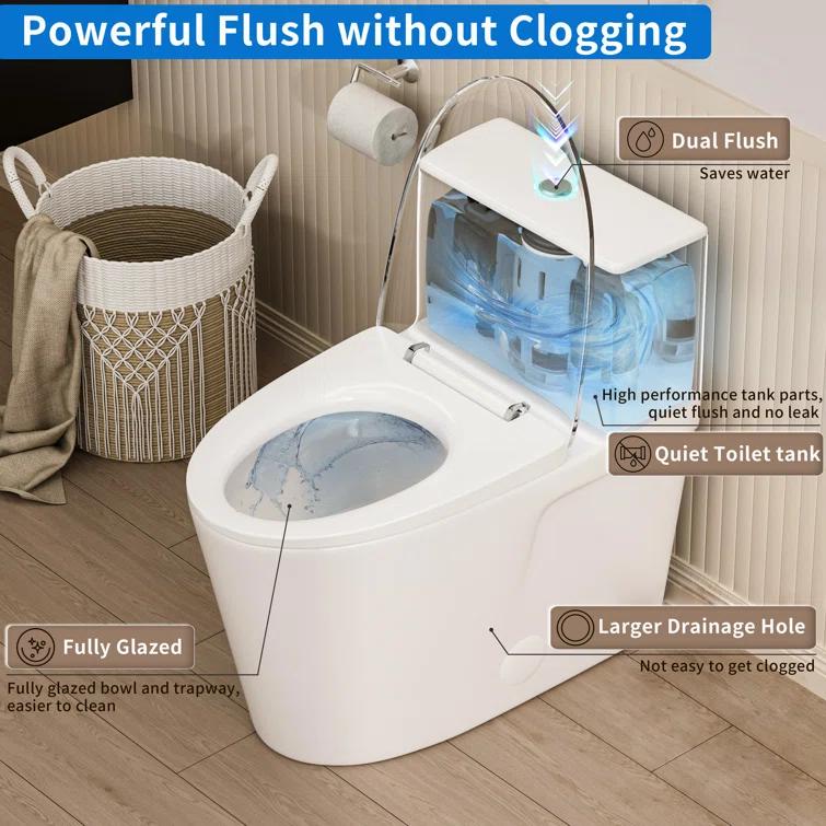 Modern Elongated Toilet, One Piece Toilet 1.0/1.6 GPF MaP 1000g Comfortable Chair Height Toilet