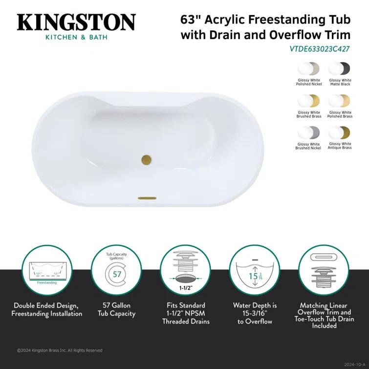 Kingston Brass Aqua Eden 63-Inch Acrylic Oval Double Ended Freestanding Tub With Drain