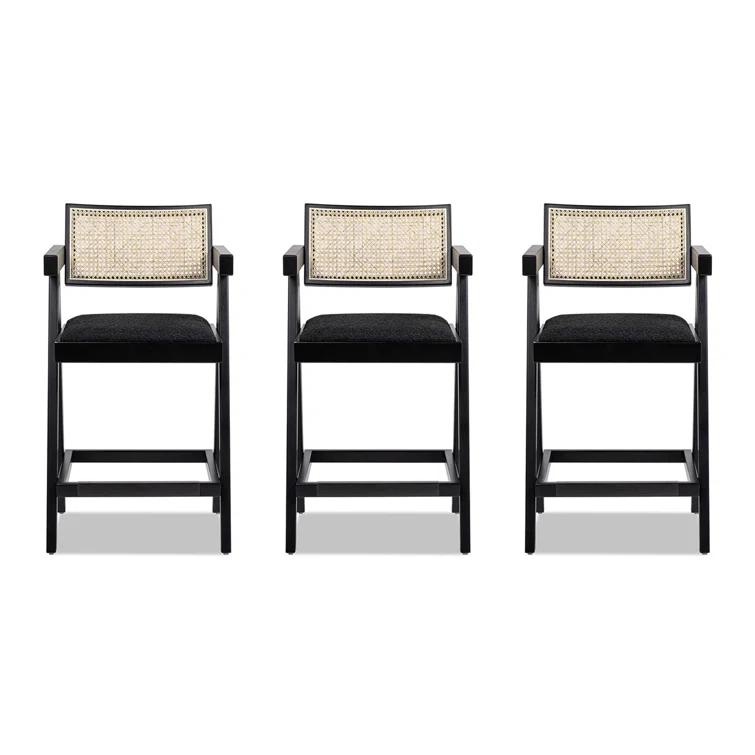 Coulten 25.5" Modern Webbing Back Bar Stool With Arms, Set Of 3, Ebony Black Boucle