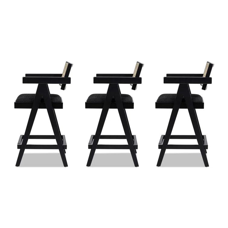 Coulten 25.5" Modern Webbing Back Bar Stool With Arms, Set Of 3, Ebony Black Boucle
