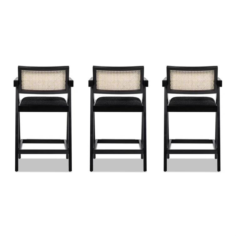 Coulten 25.5" Modern Webbing Back Bar Stool With Arms, Set Of 3, Ebony Black Boucle