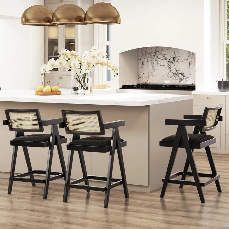 Coulten 25.5" Modern Webbing Back Bar Stool With Arms, Set Of 3, Ebony Black Boucle