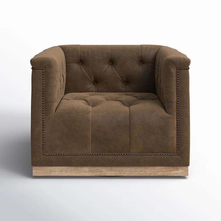 Handcrafted Dark Brown Leather Swivel Accent Chair with Wood Base