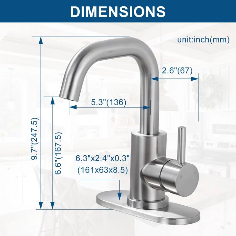 Single Handle Stainless Steel Bar Faucet With Supply Lines And Deckplate