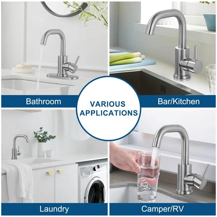Single Handle Stainless Steel Bar Faucet With Supply Lines And Deckplate