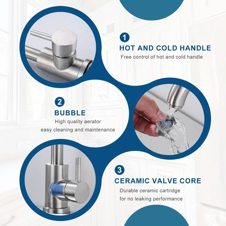 Single Handle Stainless Steel Bar Faucet With Supply Lines And Deckplate