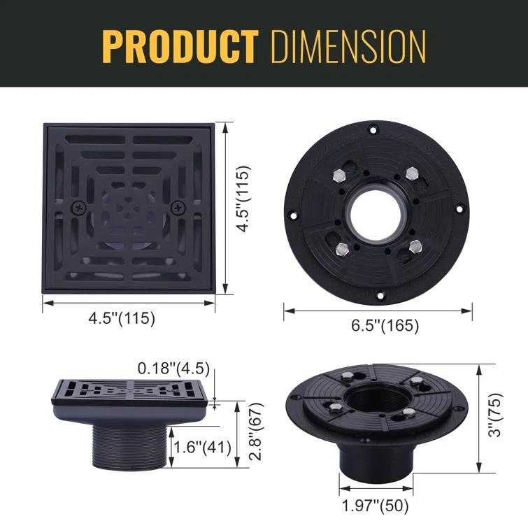 Aleasha 4.5 In. Floor Drain With Square Stainless Steel Screw-Tite Strainer AL-9L05B