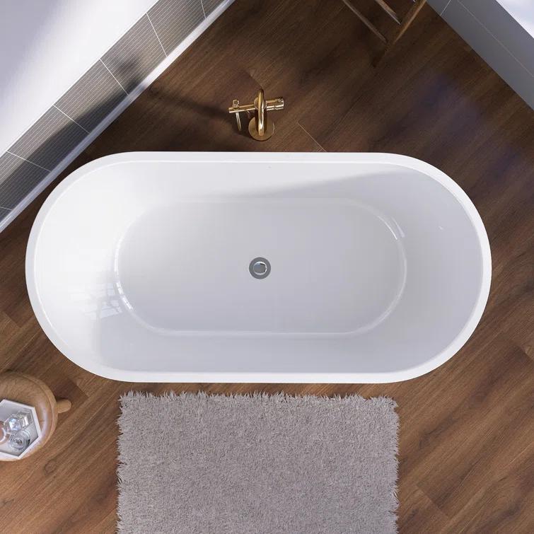 55" Freestanding Soaking Acrylic Bathtub Contemporary Stand Alone Tub with Pop-Up Drain