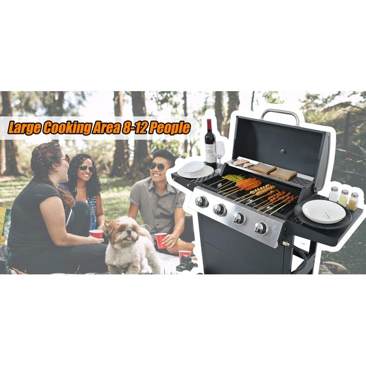 Propane Gas Grill 4 Burner Barbecue Grill, Stainless Steel 34,000 BTU Patio Garden Barbecue Grill With Two Shelves, Lid, Wheels And Bottle Opener