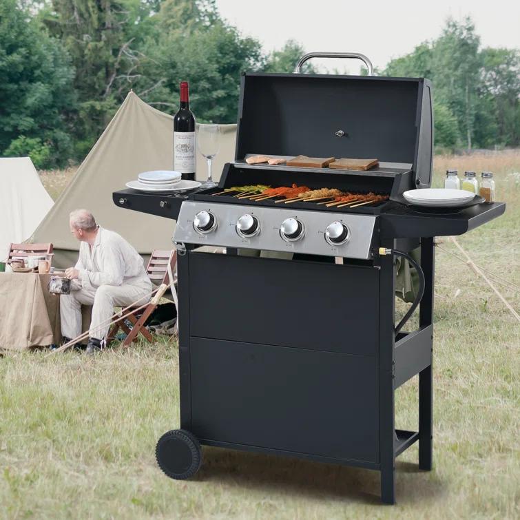 Propane Gas Grill 4 Burner Barbecue Grill, Stainless Steel 34,000 BTU Patio Garden Barbecue Grill With Two Shelves, Lid, Wheels And Bottle Opener