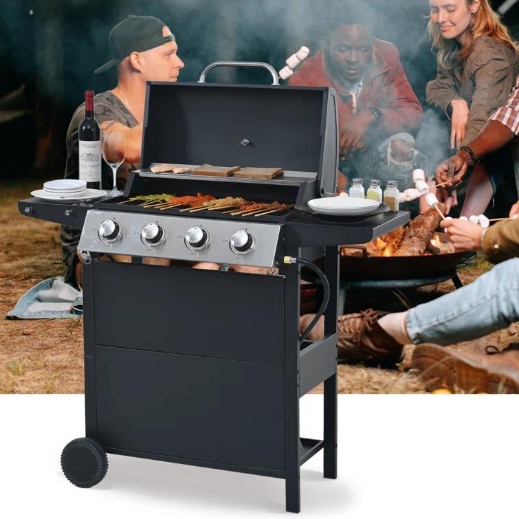 Propane Gas Grill 4 Burner Barbecue Grill, Stainless Steel 34,000 BTU Patio Garden Barbecue Grill With Two Shelves, Lid, Wheels And Bottle Opener