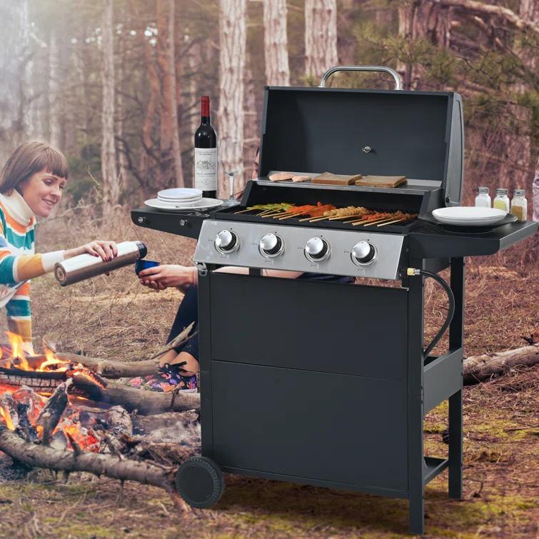 Propane Gas Grill 4 Burner Barbecue Grill, Stainless Steel 34,000 BTU Patio Garden Barbecue Grill With Two Shelves, Lid, Wheels And Bottle Opener