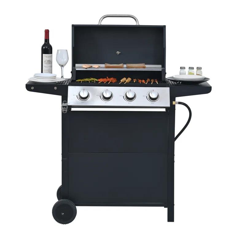 Propane Gas Grill 4 Burner Barbecue Grill, Stainless Steel 34,000 BTU Patio Garden Barbecue Grill With Two Shelves, Lid, Wheels And Bottle Opener