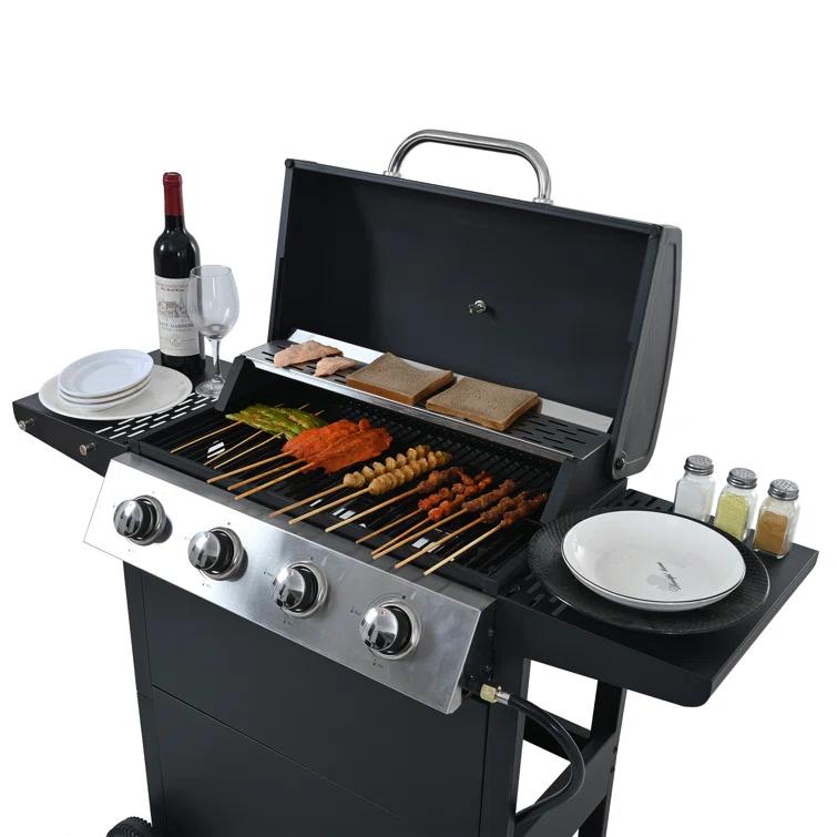 Propane Gas Grill 4 Burner Barbecue Grill, Stainless Steel 34,000 BTU Patio Garden Barbecue Grill With Two Shelves, Lid, Wheels And Bottle Opener