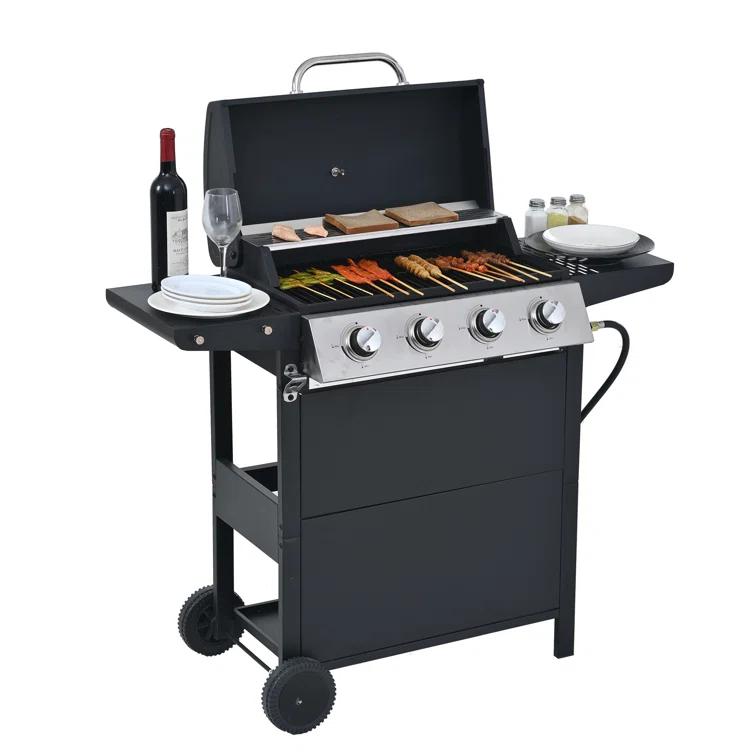 Propane Gas Grill 4 Burner Barbecue Grill, Stainless Steel 34,000 BTU Patio Garden Barbecue Grill With Two Shelves, Lid, Wheels And Bottle Opener