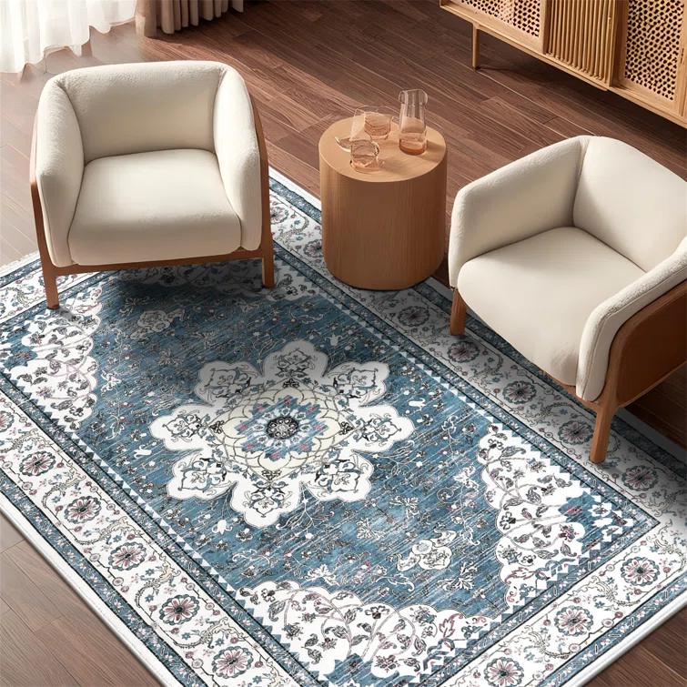 Polyester Machine Washable Blue Oriental Area Rug
