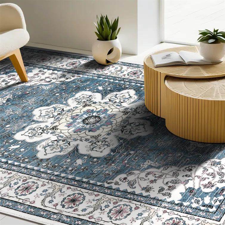 Polyester Machine Washable Blue Oriental Area Rug