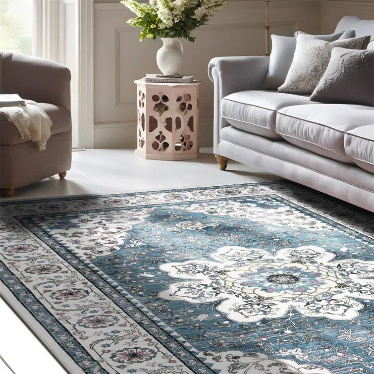Polyester Machine Washable Blue Oriental Area Rug