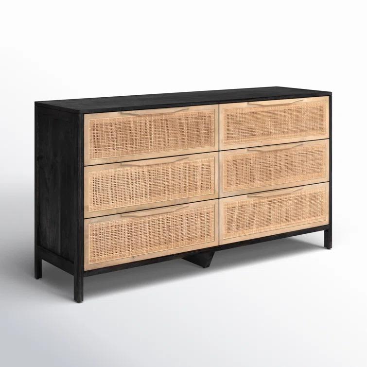 Black Wash Double Mid-Century 6-Drawer Dresser with Cane Detail