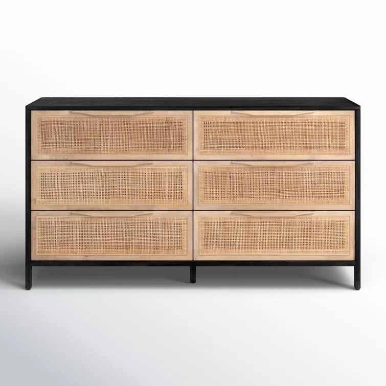 Black Wash Double Mid-Century 6-Drawer Dresser with Cane Detail