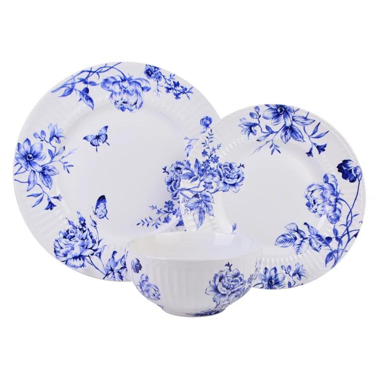 222 Fifth 222 Fifth Cassian Embossed Toile Blue Porcelain Dinnerware Set - Service For 4 (Set of 12)