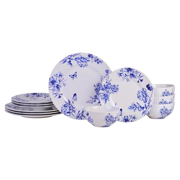 222 Fifth 222 Fifth Cassian Embossed Toile Blue Porcelain Dinnerware Set - Service For 4 (Set of 12)